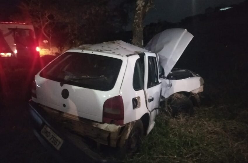 Motorista fica ferido após carro colidir contra árvore e placa de