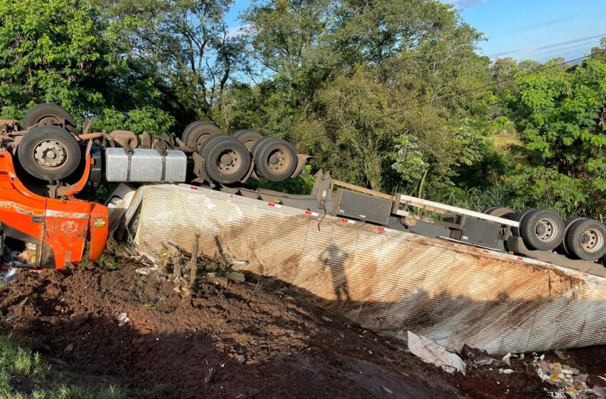  Motorista fica ferida após caminhão carregado com frango tombar em curva na BR 163