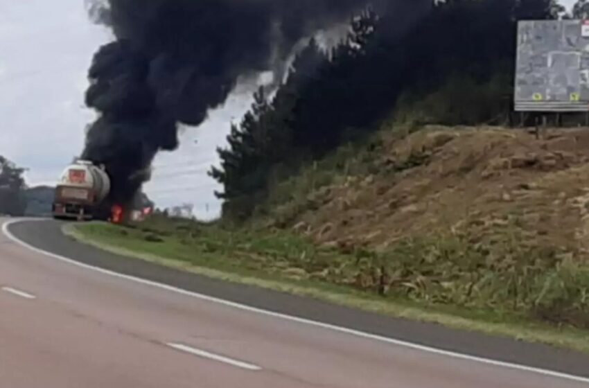  BR 277 é interditada após incêndio em caminhão carregado com combustível