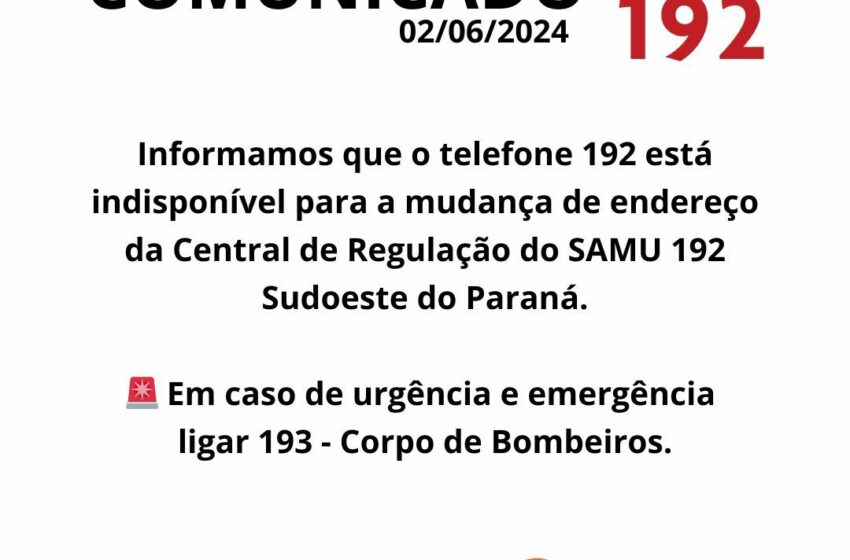  Telefone do SAMU 192 está indisponível