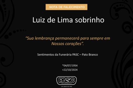 Pasc e familiares comunicam o falecimento de Luiz de Lima Sobrinho