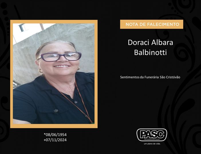  PASC e familiares comunicam o falecimento de Sra. Doraci Albara Balbinotti